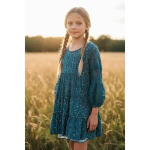 Art Class Teal Floral Boho Dress Girls XL (14/16) Lace Sleeve Tiered Peasant